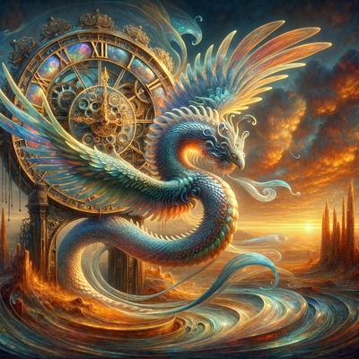 The primary subject of the image is a large, colorful dragon with a clock face on its back. The dragon is surrounded by a serene, blue ocean. The visual style of the image is digital art, with the dragon and clock face appearing as intricate, detailed illustrations. The colors and mood of the image are vibrant and lively, with the blue ocean and the dragon's vivid colors creating a sense of wonder and magic.